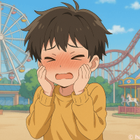 遊園地で赤面して恥ずかしがる男の子のイラスト