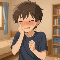 自分の部屋で赤面して恥ずかしがる男の子のイラストフリー素材