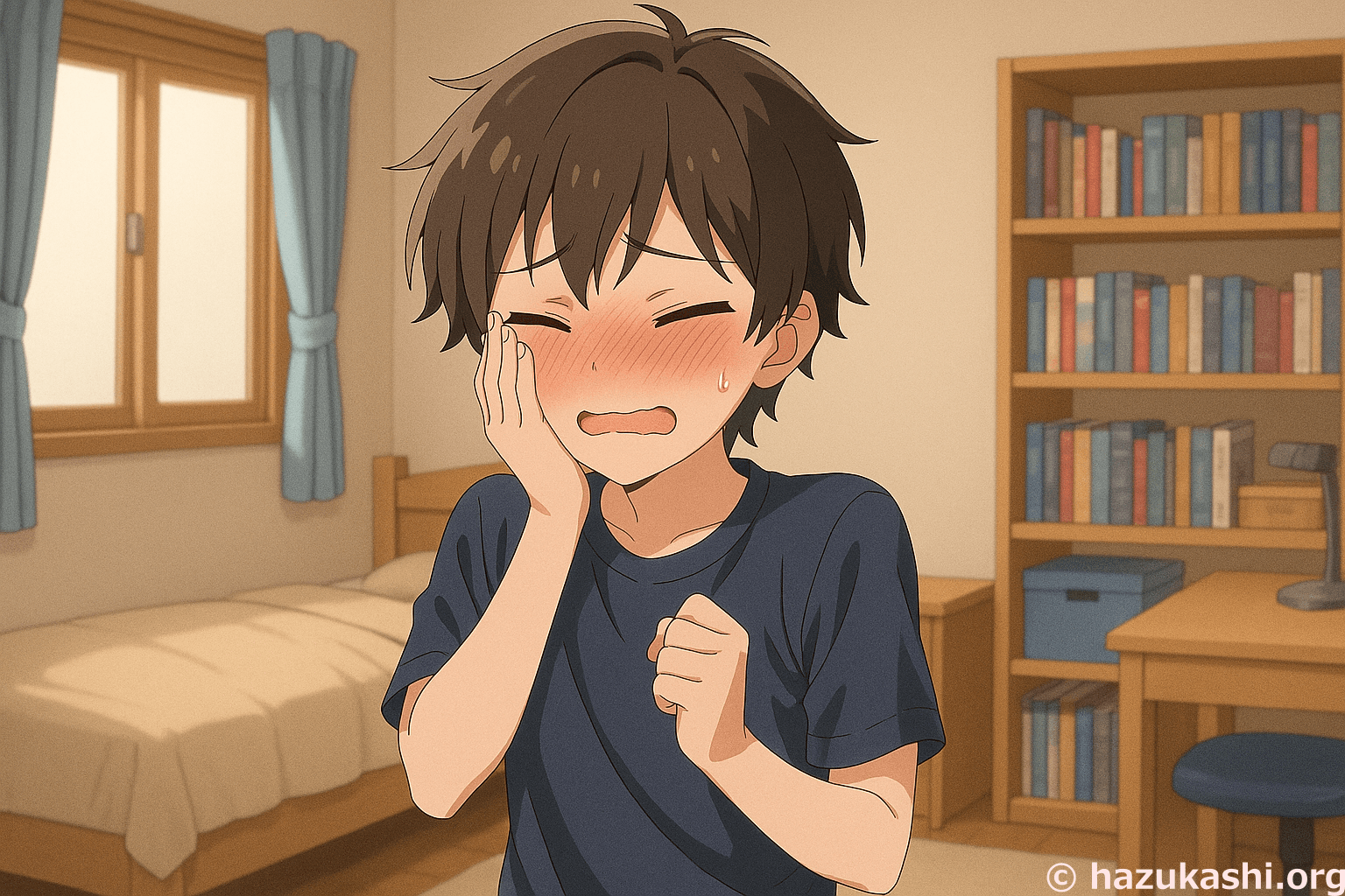 自分の部屋で赤面して恥ずかしがる男の子のイラストフリー素材