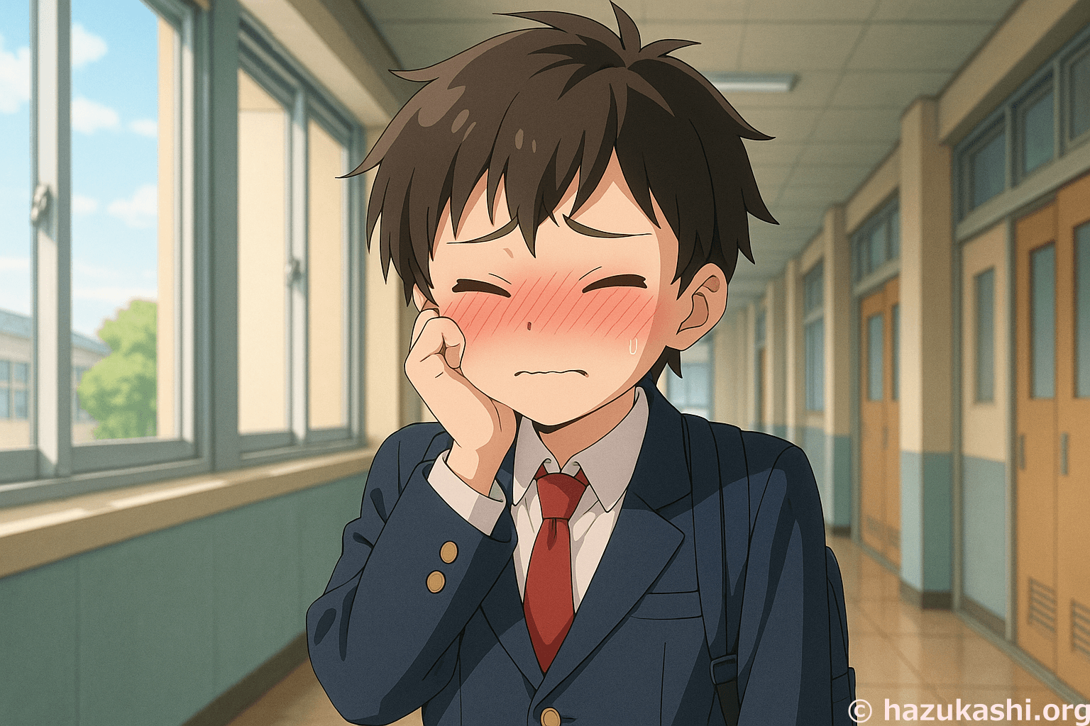 学校で赤面して恥ずかしがる男の子のイラストフリー素材