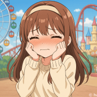 遊園地で赤面して恥ずかしがる女の子のイラスト【フリー素材】