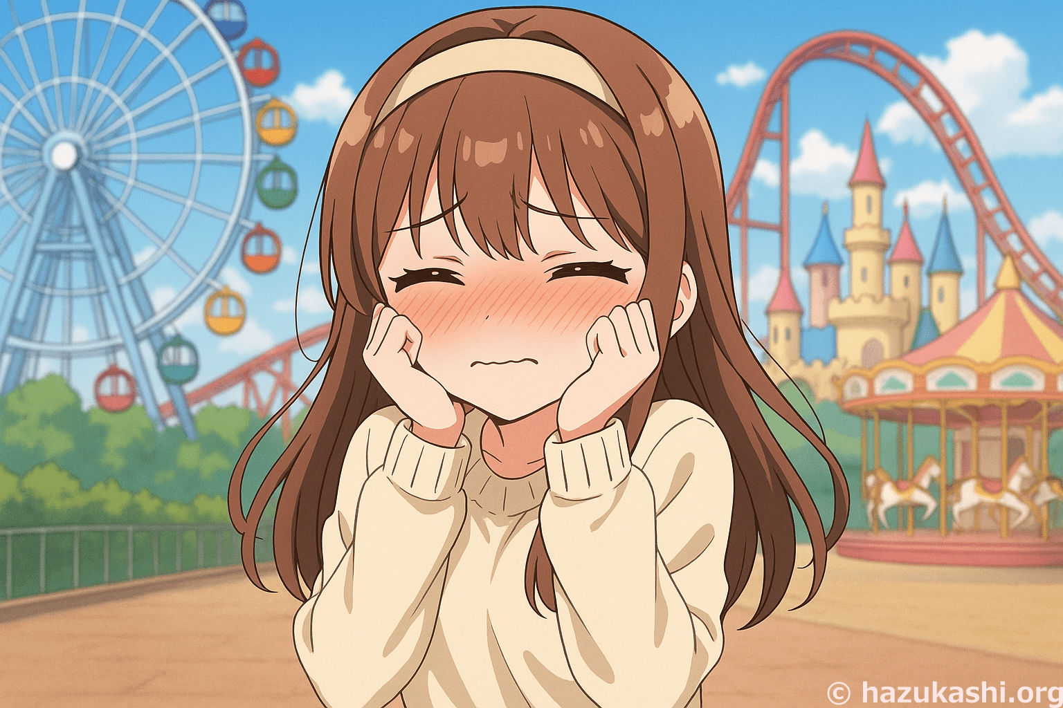 遊園地で赤面して恥ずかしがる女の子のイラスト【フリー素材】