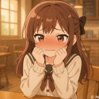 カフェで赤面して恥ずかしがる女の子のイラスト【フリー素材】