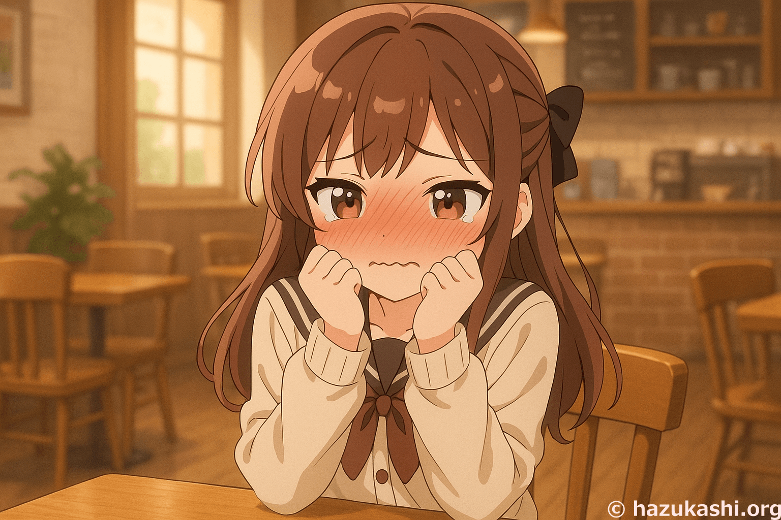 カフェで赤面して恥ずかしがる女の子のイラスト【フリー素材】