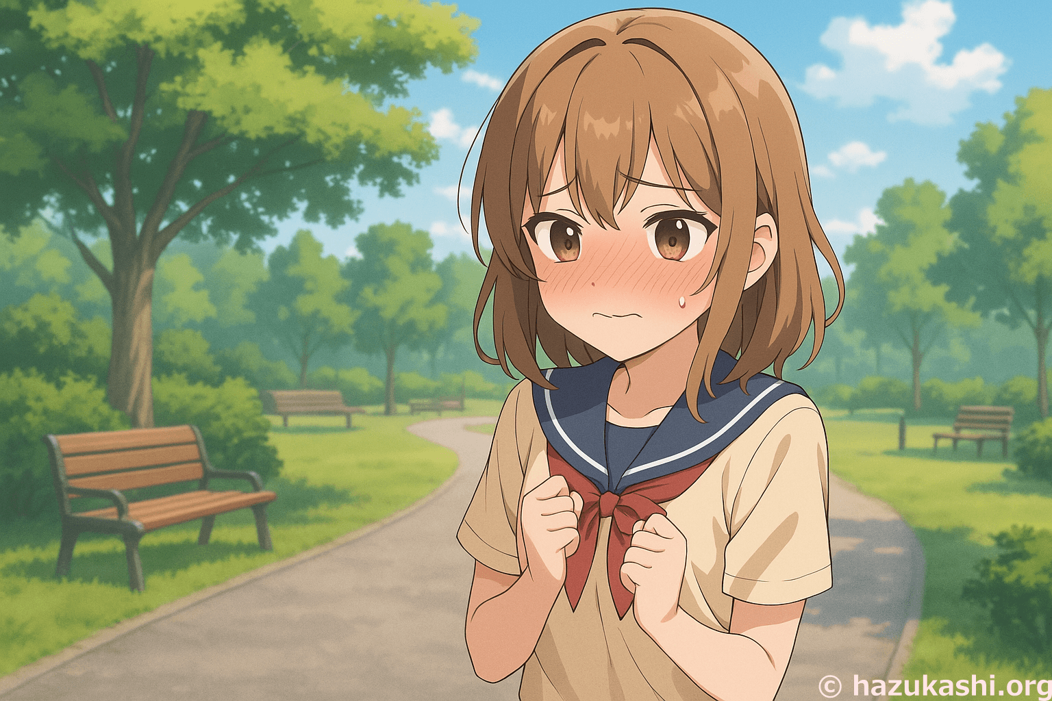 公園で赤面して恥ずかしがる女の子のイラスト【フリー素材】