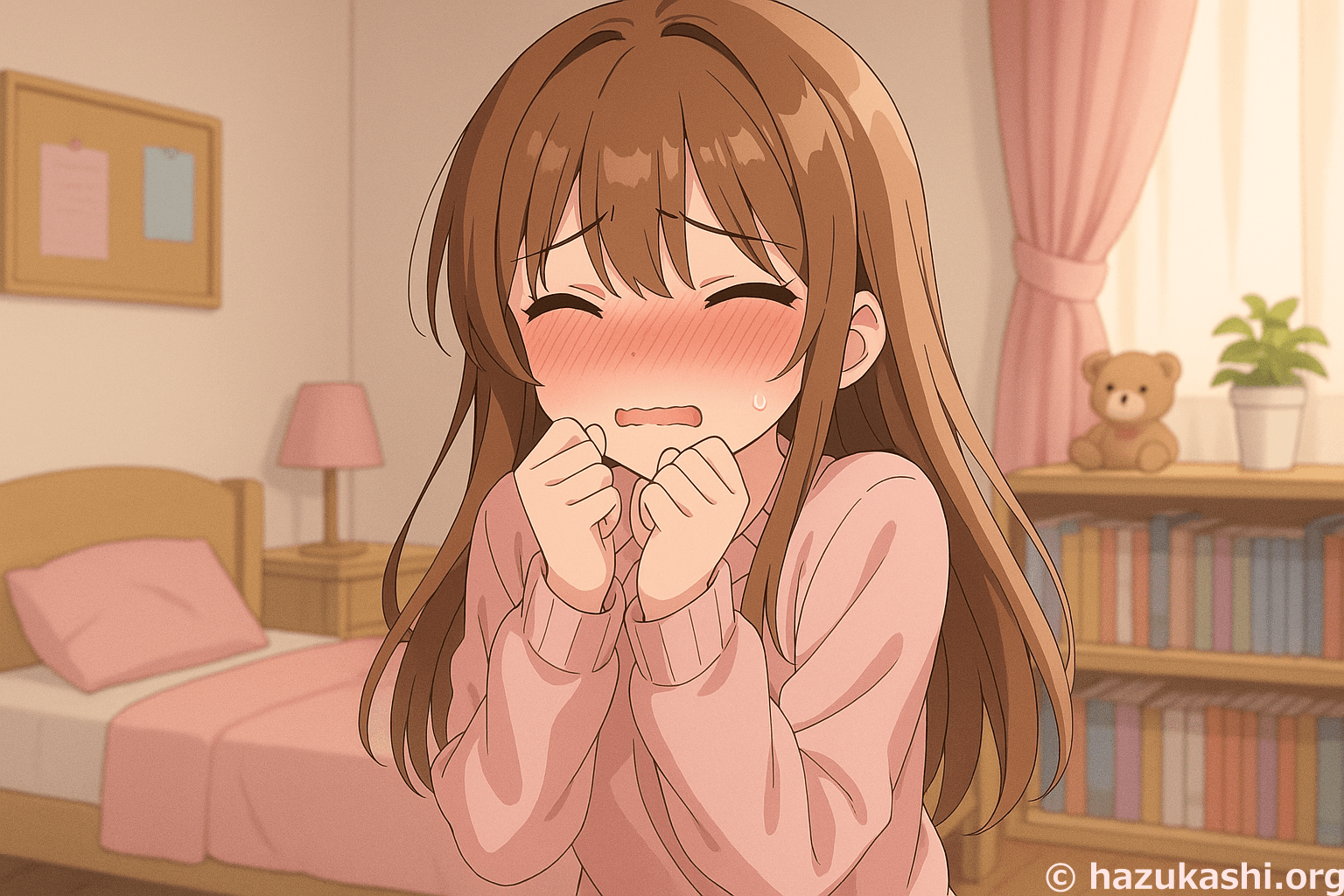 自分の部屋で赤面して恥ずかしがる女の子のイラスト【フリー素材】