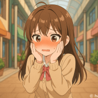 商店街で赤面して恥ずかしがる女の子のイラスト【フリー素材】