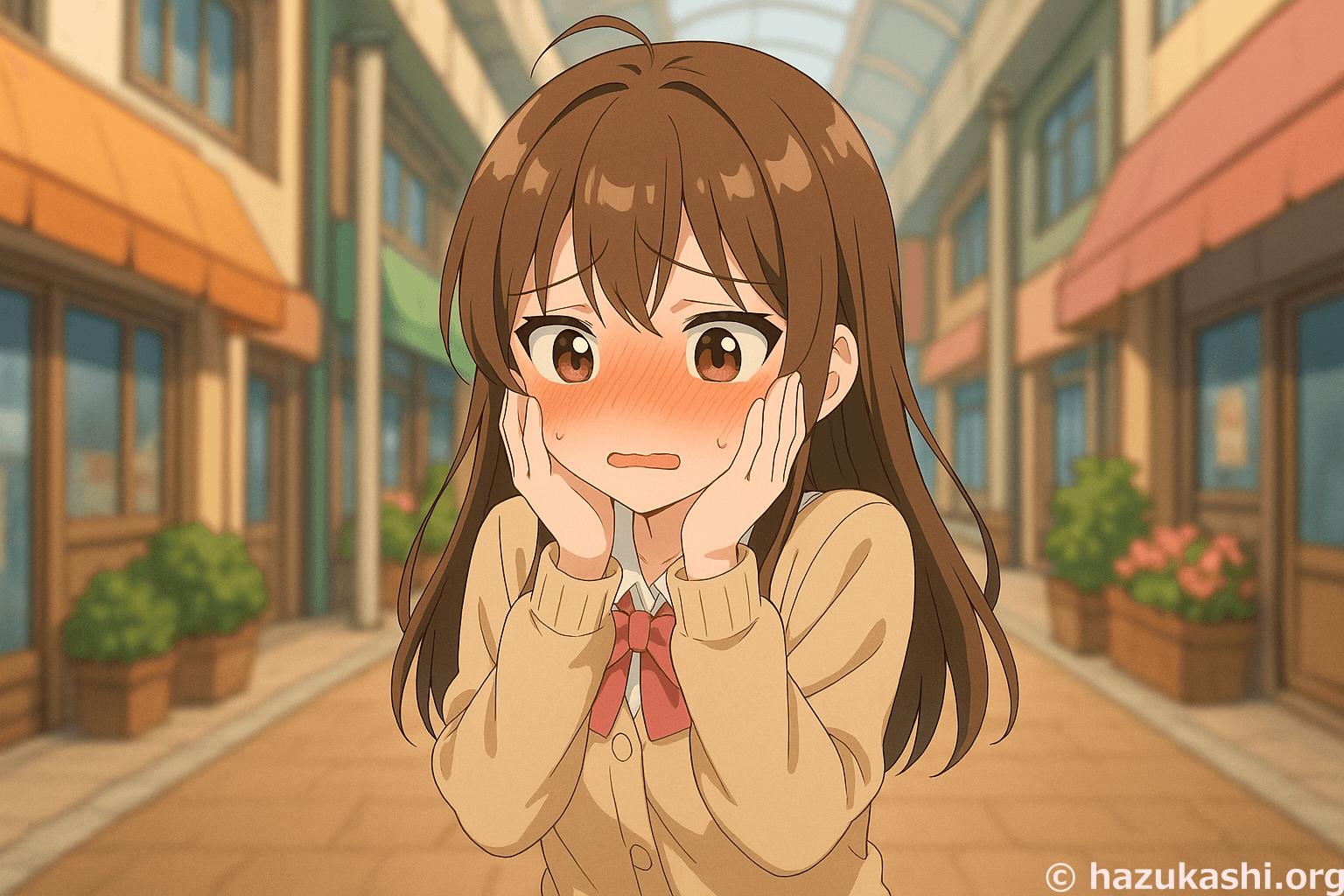 商店街で赤面して恥ずかしがる女の子のイラスト【フリー素材】