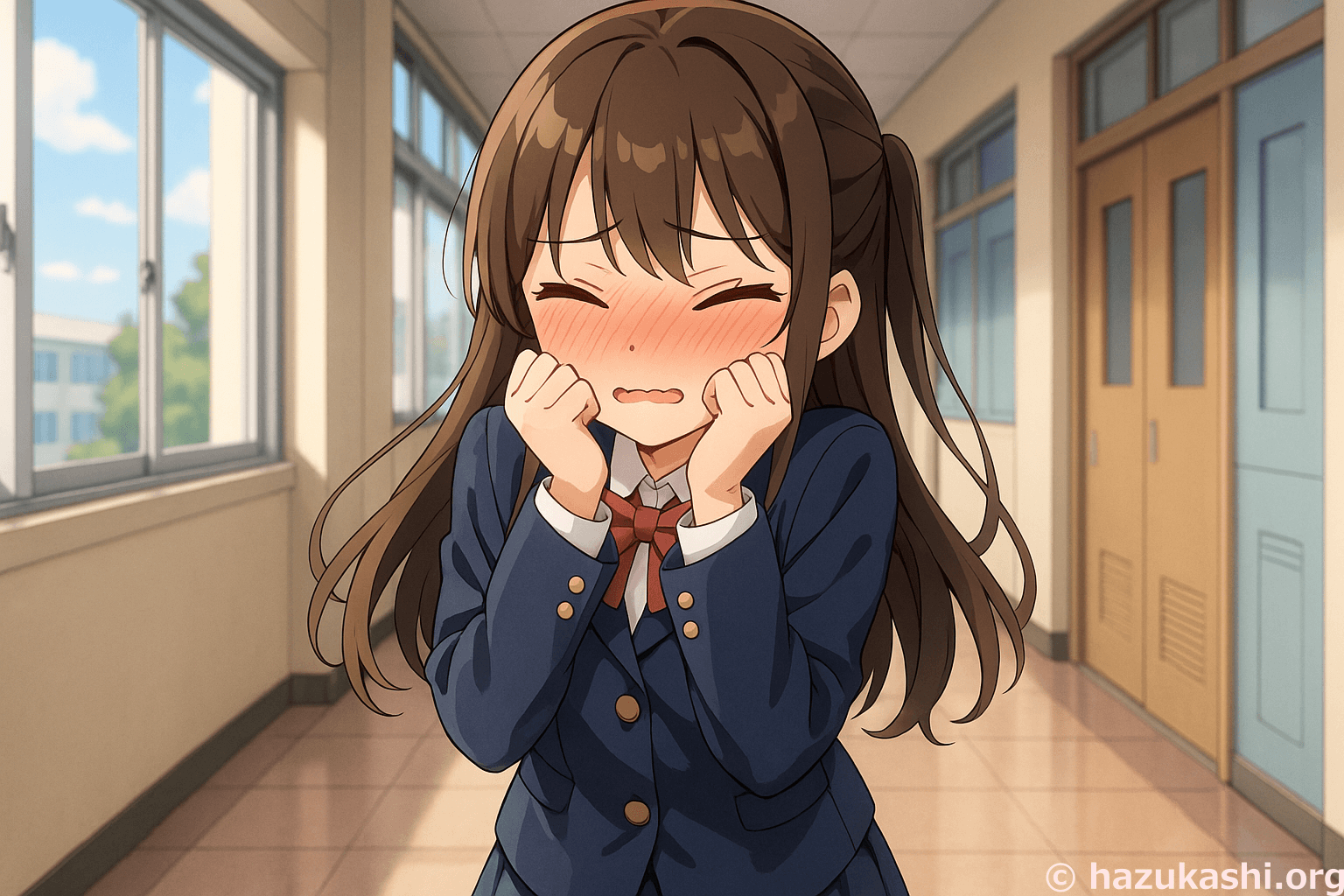 学校で赤面して恥ずかしがる女の子のイラスト【フリー素材】