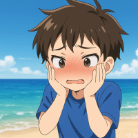 海で赤面して恥ずかしがる男の子のイラスト【フリー素材】