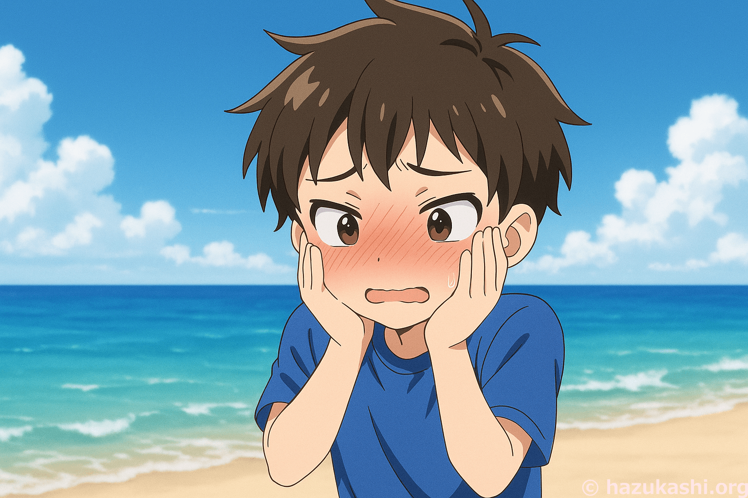 海で赤面して恥ずかしがる男の子のイラスト【フリー素材】