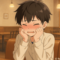 代替テキスト: カフェで赤面して恥ずかしがる男の子【フリー素材】のイラスト