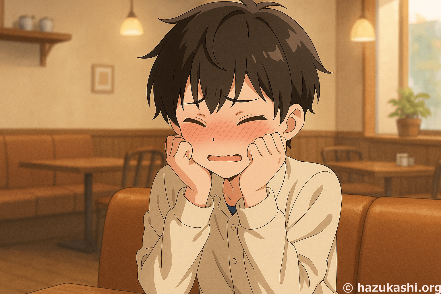 代替テキスト: カフェで赤面して恥ずかしがる男の子【フリー素材】のイラスト