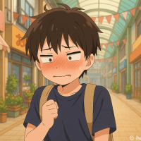 商店街で赤面して恥ずかしがる男の子のイラスト【フリー素材】