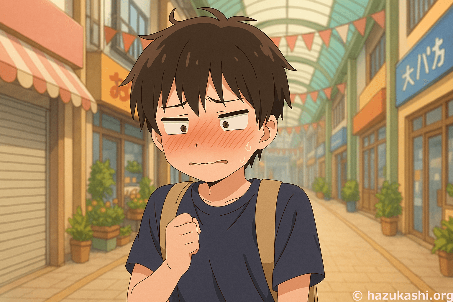 商店街で赤面して恥ずかしがる男の子のイラスト【フリー素材】