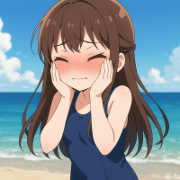 海で赤面して恥ずかしがる女の子のフリー素材イラスト