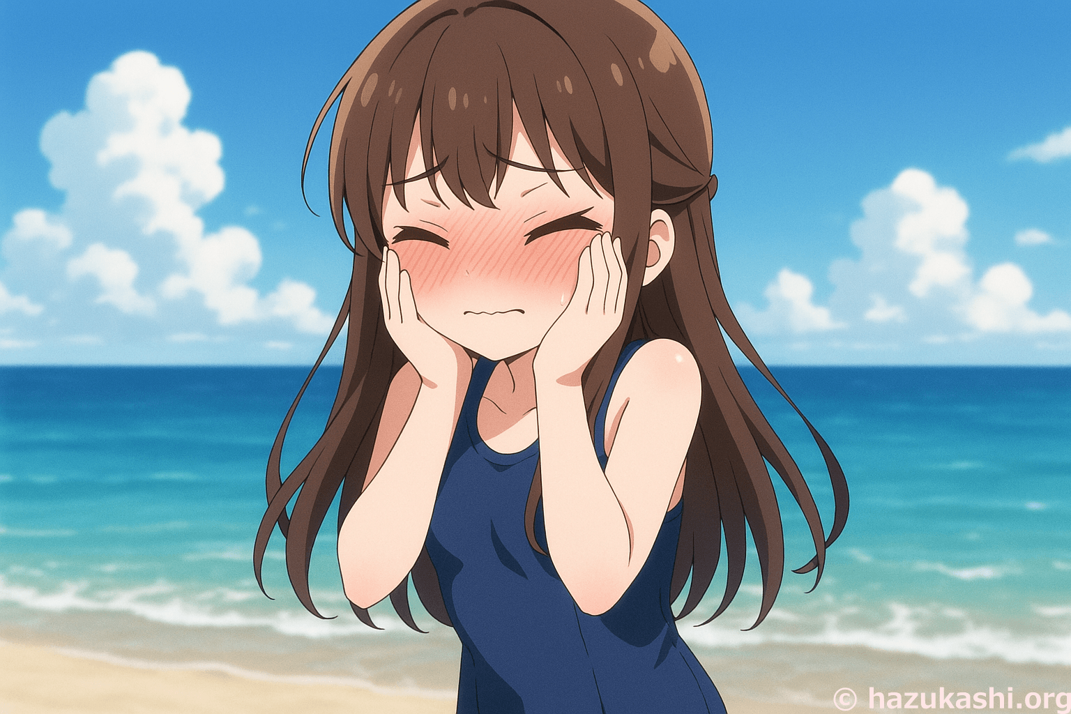 海で赤面して恥ずかしがる女の子のフリー素材イラスト