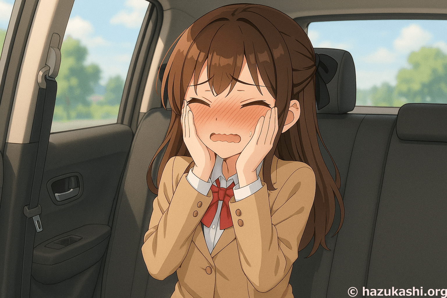 イラスト車で赤面して恥ずかしがる女の子フリー素材