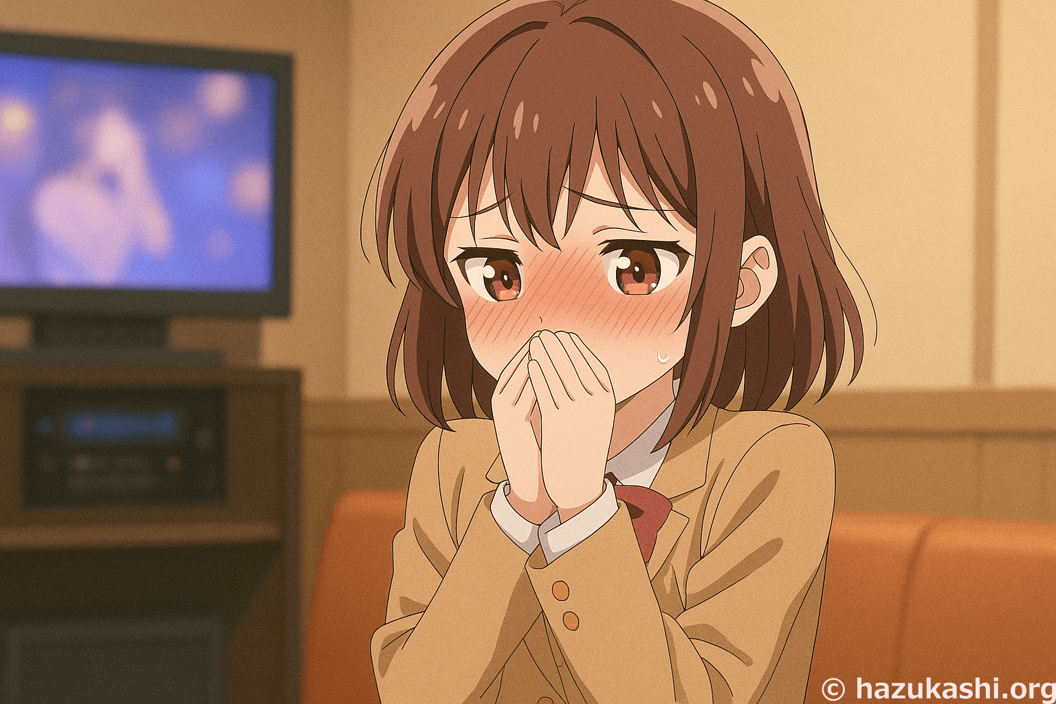 カラオケで赤面して恥ずかしがる女の子のイラスト【フリー素材】