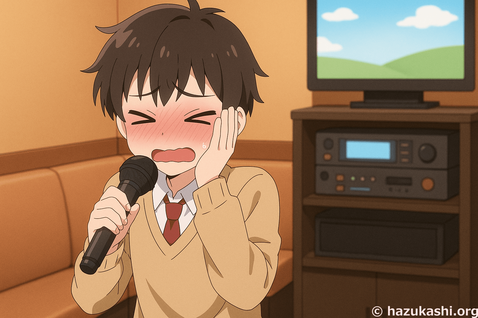 イラスト・カラオケで赤面して恥ずかしがる男の子のフリー素材