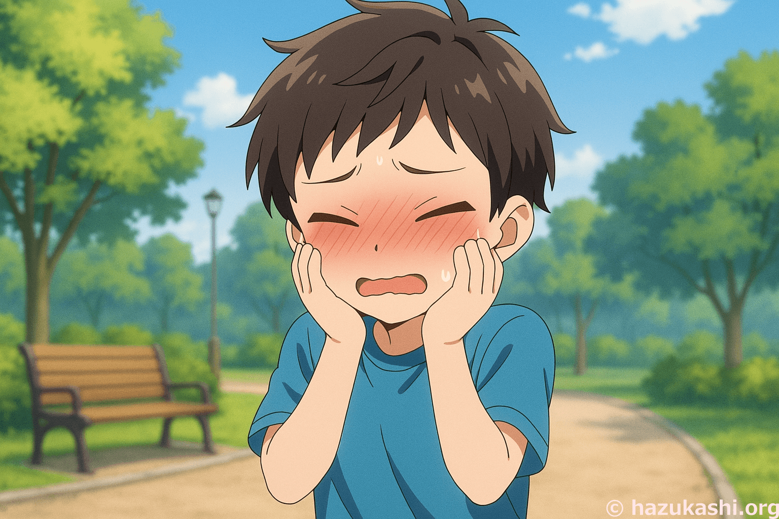 公園で赤面して恥ずかしがる男の子のイラスト【フリー素材】