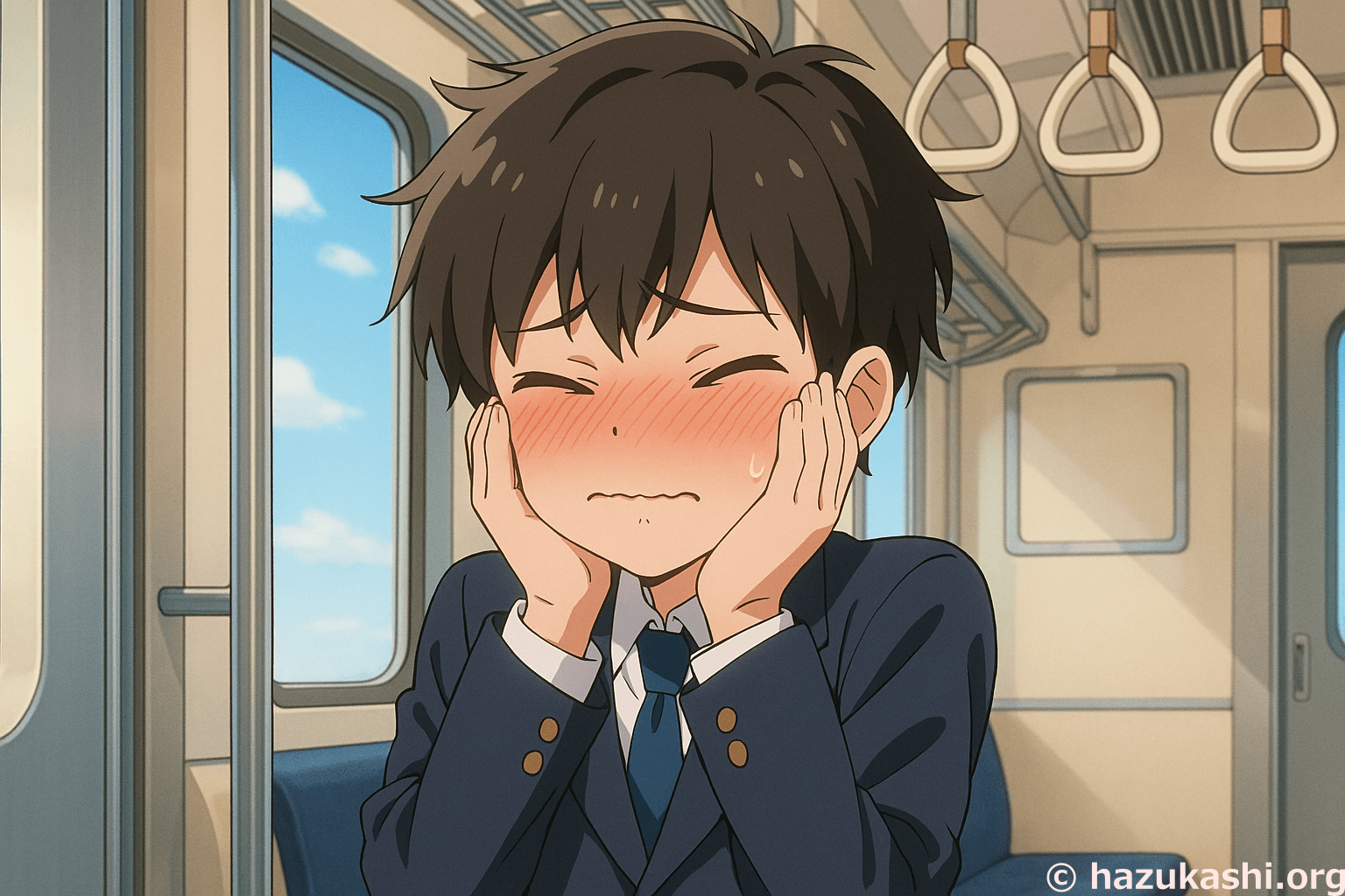 電車で赤面して恥ずかしがる男の子のイラスト【フリー素材】