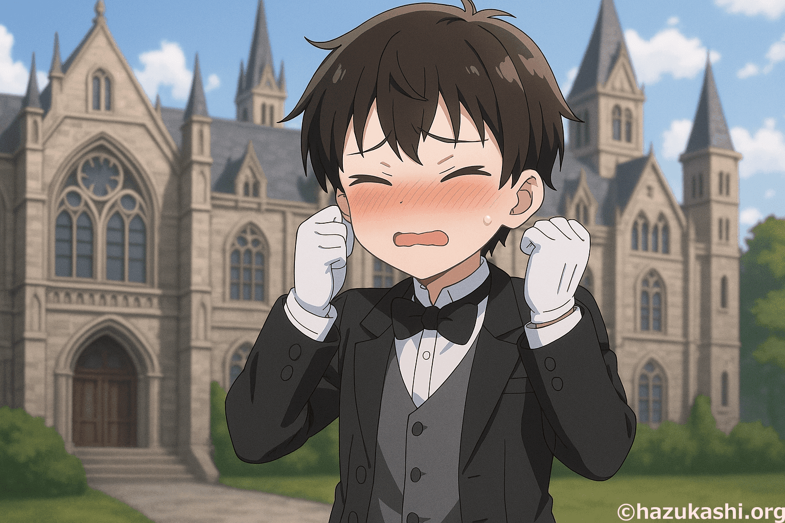 執事服を着た男の子が赤面して恥ずかしがっているイラスト