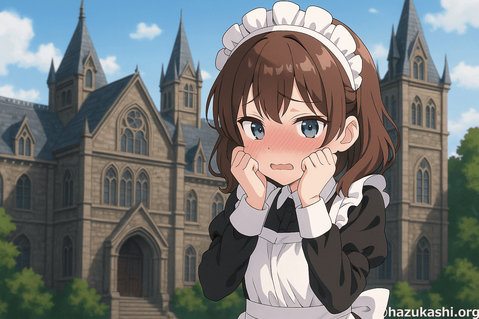 メイド服を着た女の子が赤面して恥ずかしがっているイラスト